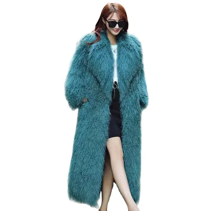 Luxury Winter Extra Long Floor Length Coat Women Real Mongolian Lamb Fur Coat