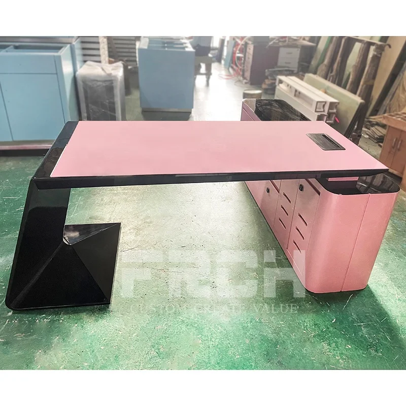 Customized Modern Luxury Wooden Pink Ceo Office Table Executive Manger Boss L Shaped Office Desk