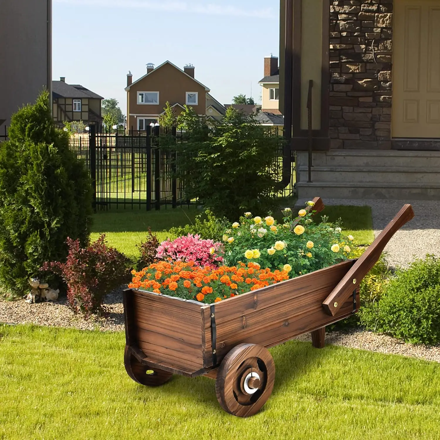 Popular Decorative Wagon Cart with Wheels Drainage Hole Flower Planter Pot Stand Wooden Wagon Planter Box