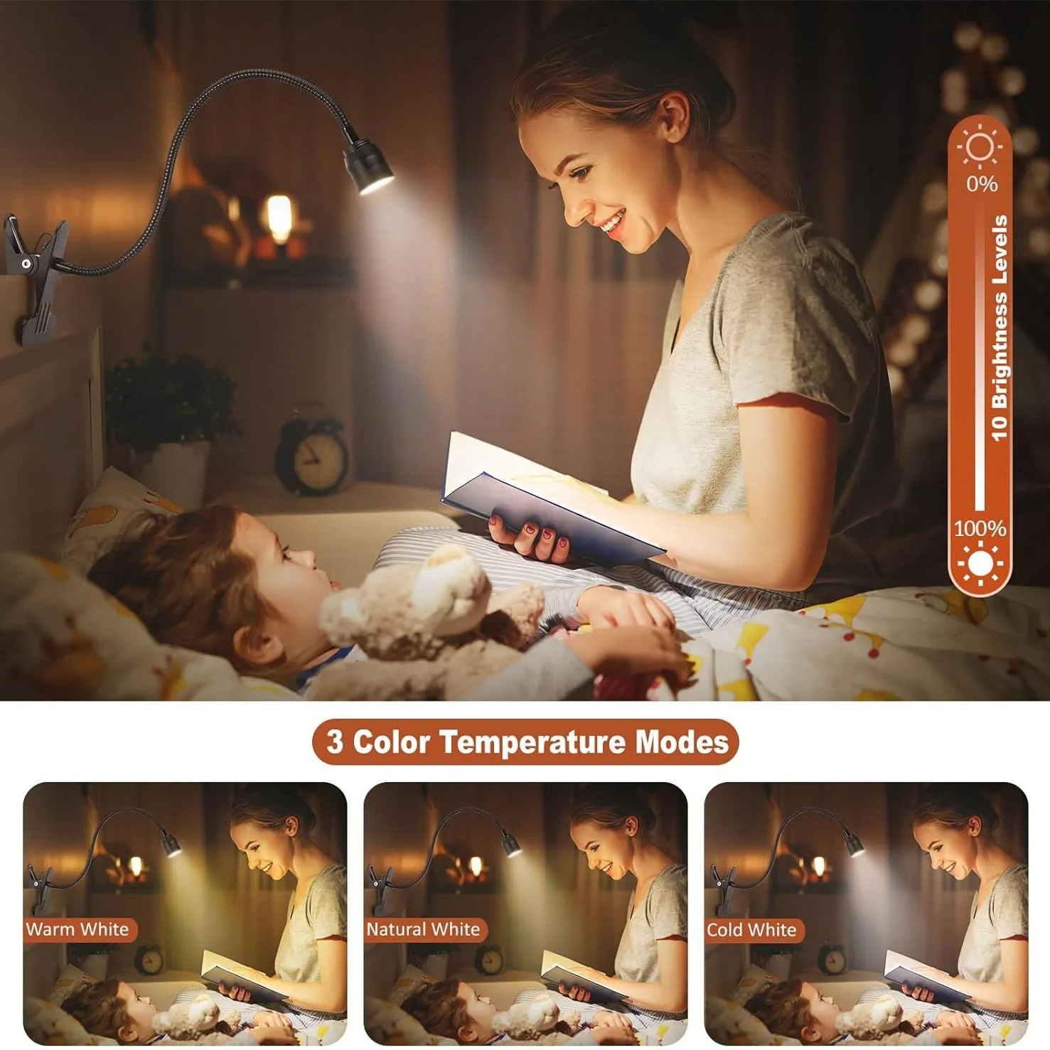 Flexible Gooseneck Small Clamp Light Desk Lamp 10 Dimmable Brightness Eye Care Reading Lamp Clip on Light Reading Light for Bed