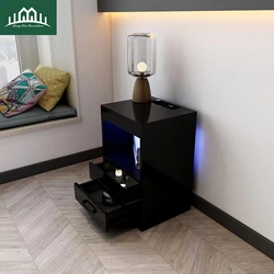 Side Bed Table Smart  Wooden Modern Bedside with  Drawer and Charging  Station  New Night Stand Bedroom Furniture