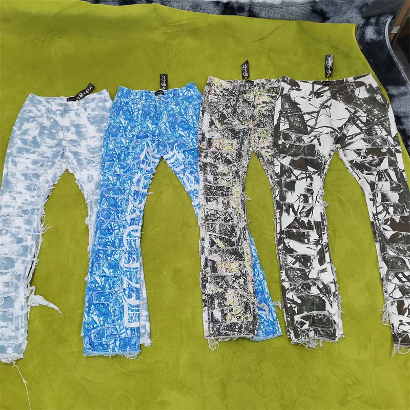 Custom Ripped Distressed Patched Streetwear Washed Camouflage Denim Jeans For Men