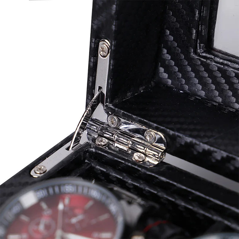 Yiwu Wholesale Watch Box 6 Slots Carbon Leather High-grade Watch Packing case Black Transparent Window Watch Display Box