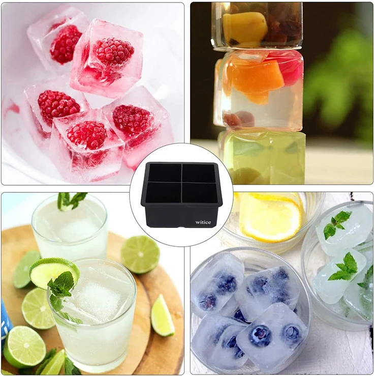 BPA Free Large 4 Cavity Square Silicone Ice Cube Tray Maker Mold for Whisky Beer