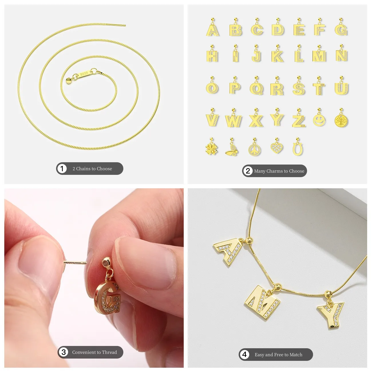 Wholesale 925 Sterling Silver Jewelry A-Z Alphabet Cartoon Letter Charms for Necklace Accessories Chain DIY Making