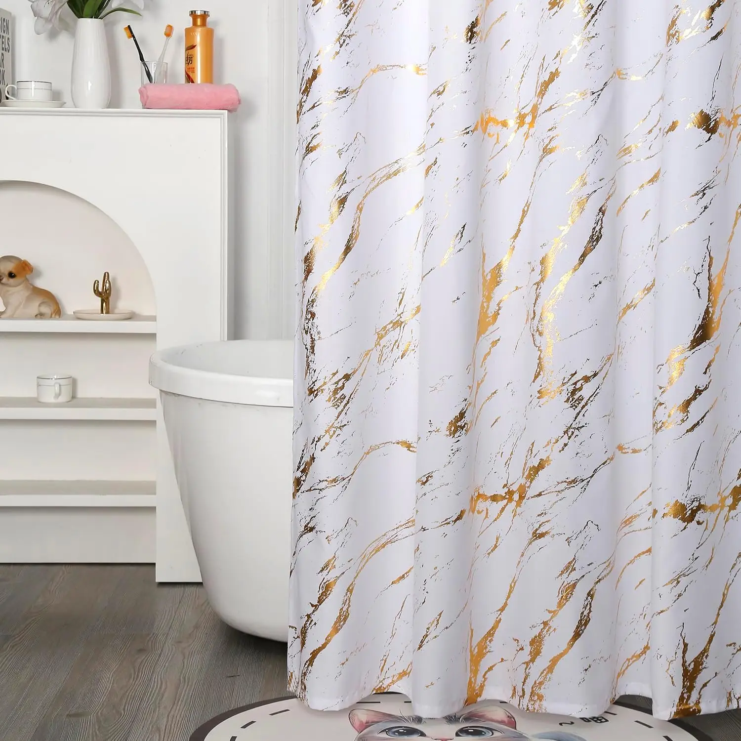 CF HPS17 Custom Silver Gold Foil Print marble shower curtain fabric 12 hooks waterproof luxury custom shower curtains set