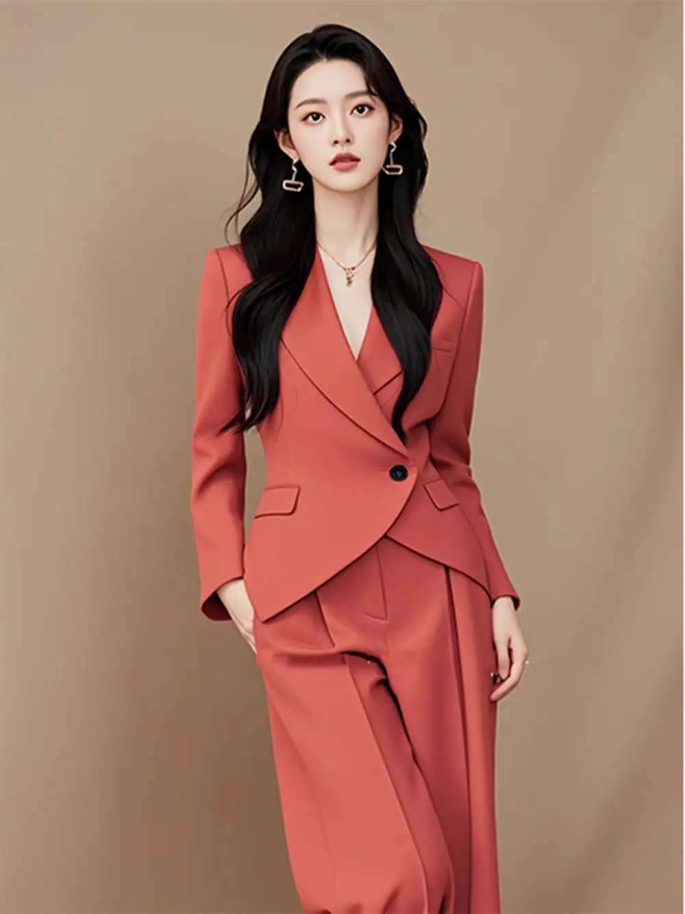 With salt 1 set to wear foreign-style high-end temperament A and rustling rose red suit pants for women