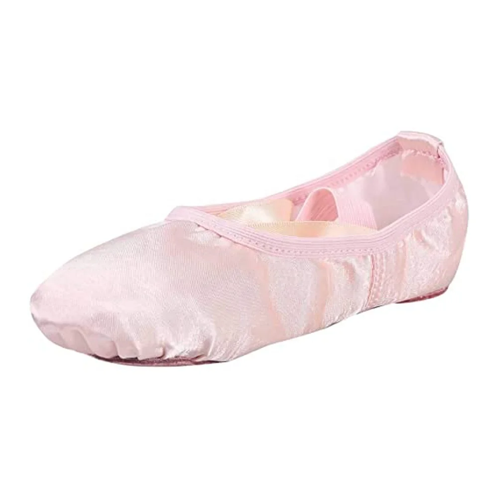 EU & US Pink Soft Stain Ballet Dance Ballerina Shoes Flat Split Sole with Ribbon for Girls and Boys (Toddler/Little Kid/Big Kid)