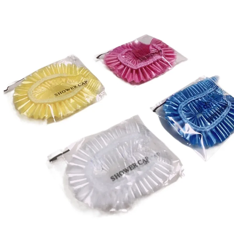 Disposable showercap individually wrapped blue yellow striped waterproof hotel 100pcs