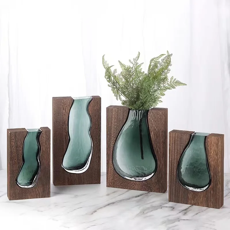 Unique Design Top Grade Square Wooden Frame Rectangle Double Bubble Vintage Florist Handmade Glass Rose Vase