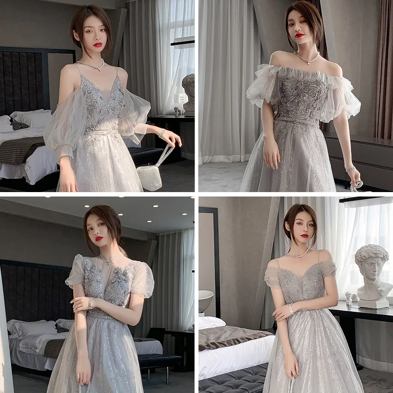 Grey Glittering  Bridesmaid Wedding Dress Women Fairy 2021 Sisters Long Flare Satin Tulle Evening Dress