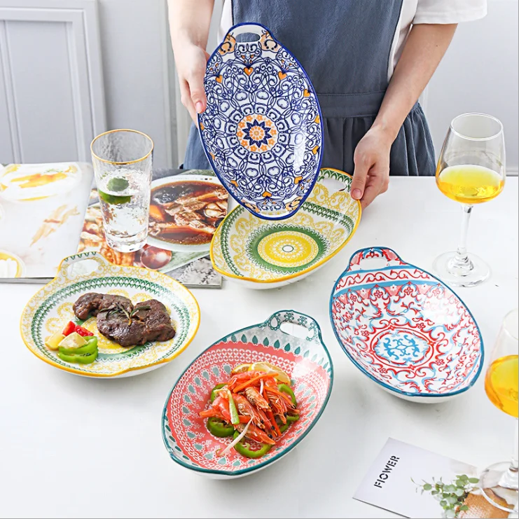 Ceramic Plate Bohemian Style Hand Painted Under Glaze Color Amphora Egg - shaped Disc Dish  Baking Dish Household Tableware