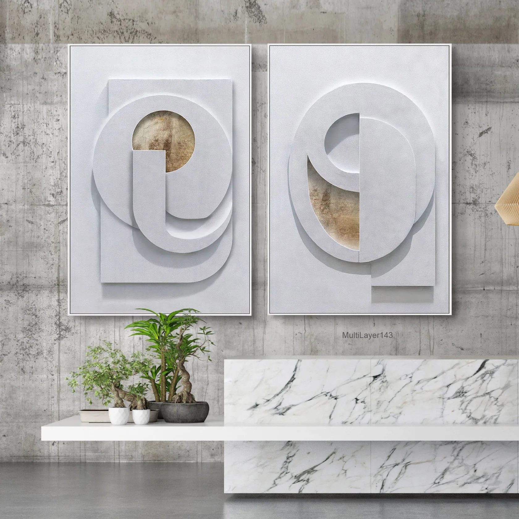 Hot Selling Modern Artwork 3D White and Gold Carved Geometry Acrylic Paint Wall Art Multiple Layer Hand Painting Relief Mural