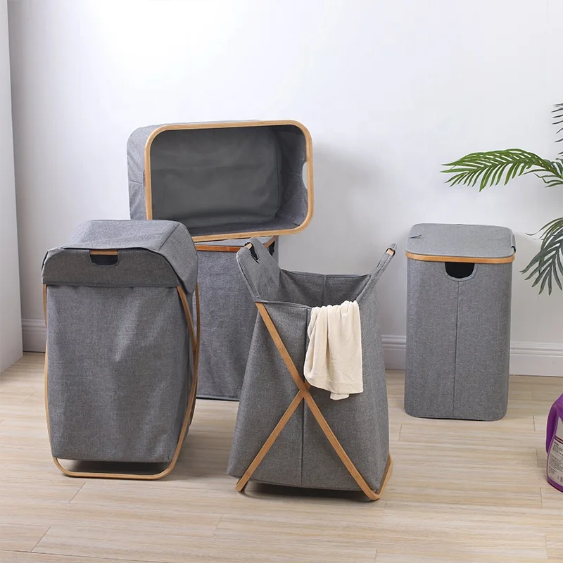 Laundry Hamper Bamboo Frame Durable Cloth Bag Sorter Storage Basket Bin