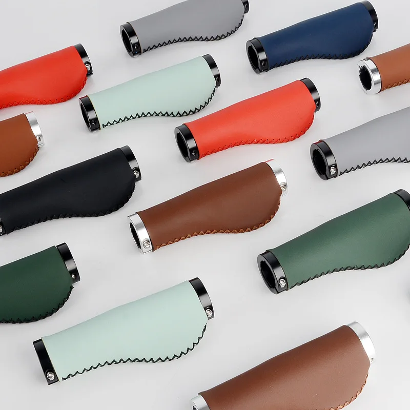 Vintage Lock-On Bike Leather Handlebar Grips for Mountain Bikes - Non-Slip PU Leather Hand-Stitched Anti-Slip Covers