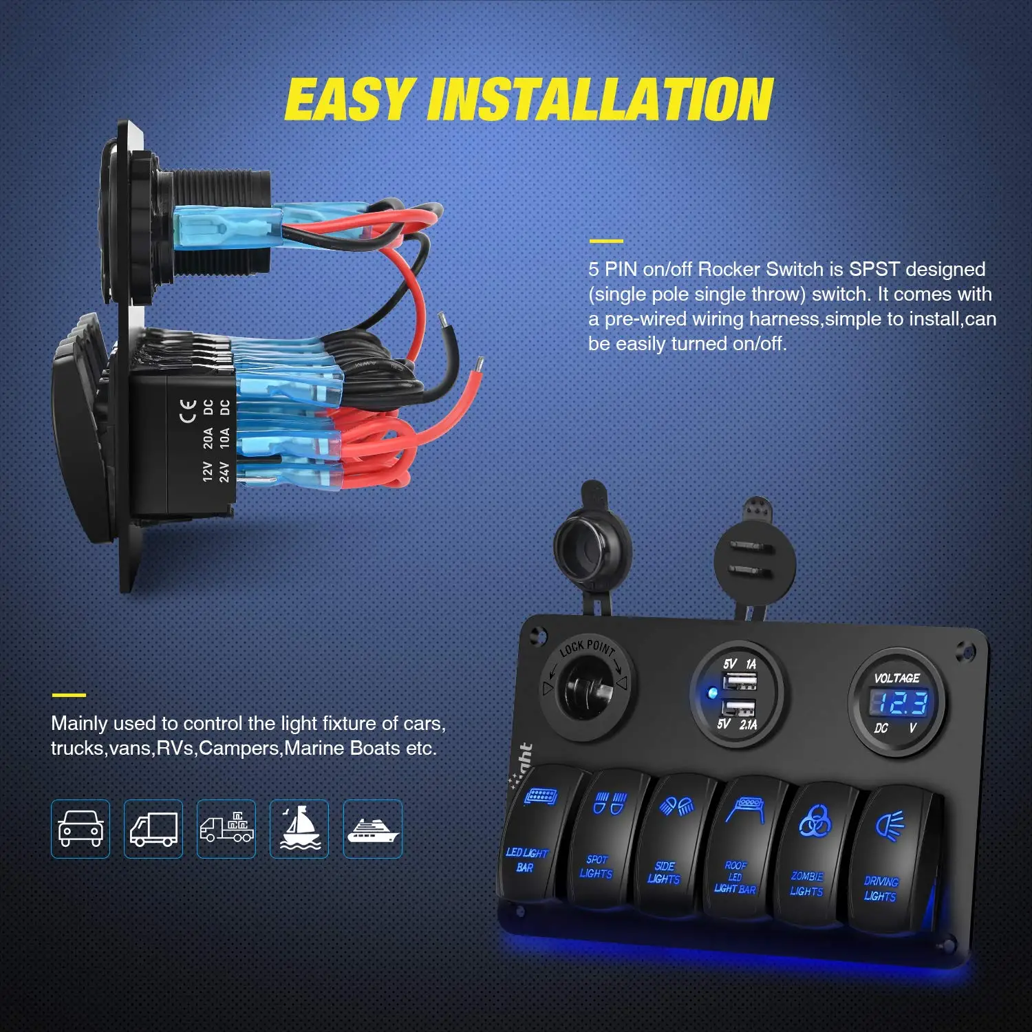 6 Gang Laser LED Light Bar Rocker Switch Panel With Cigarette Lighter and Dual USB and Voltmeter for 12V/24V Cars