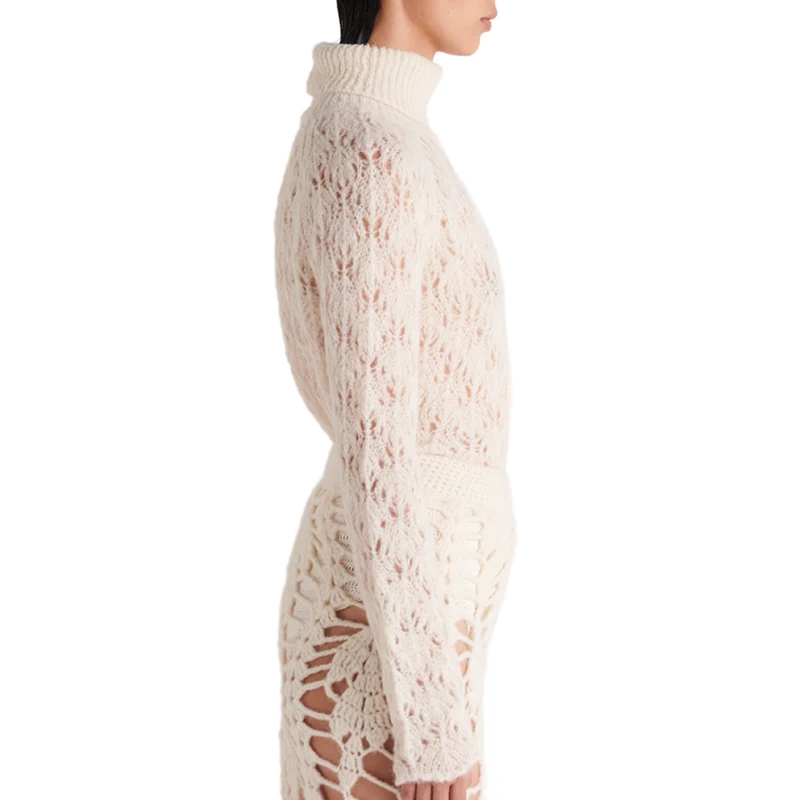 Light knit Ivory sweater with turtleneck and sheer open hollow o neck knitwear crocheting cut out knit sweater