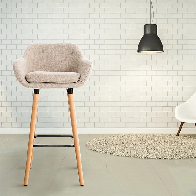 Modern Luxury Customizable Bar Stool High Chair Armrests Fabric Material Wooden Legs