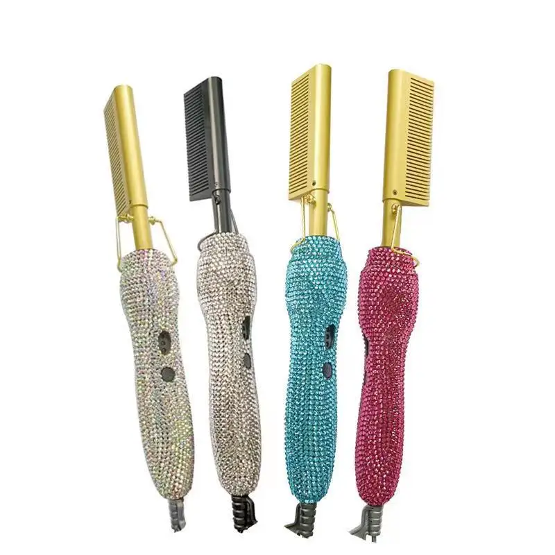 Wholesale Customized Private Brand Straight Hot Comb With Diamond-Attached Copper Hot Comb Electric Straight Curling Comb