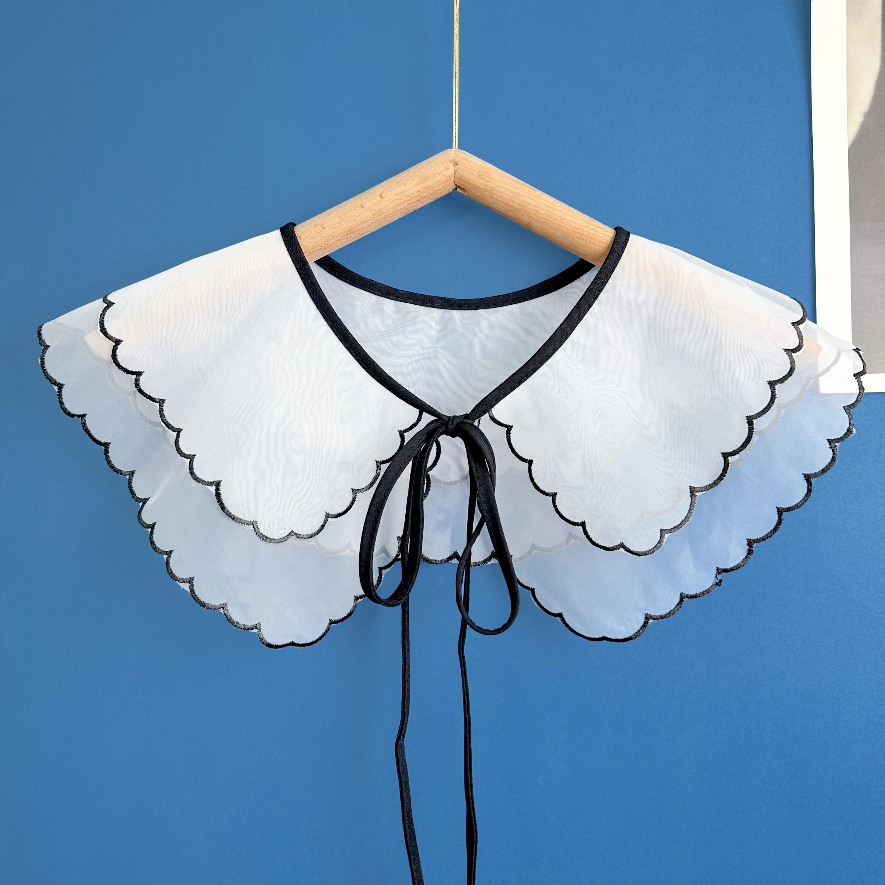 Versatile Double-Layer Organza Fake Collar, Black Border Tie Shawl Collar,Shirt Outer Outfit