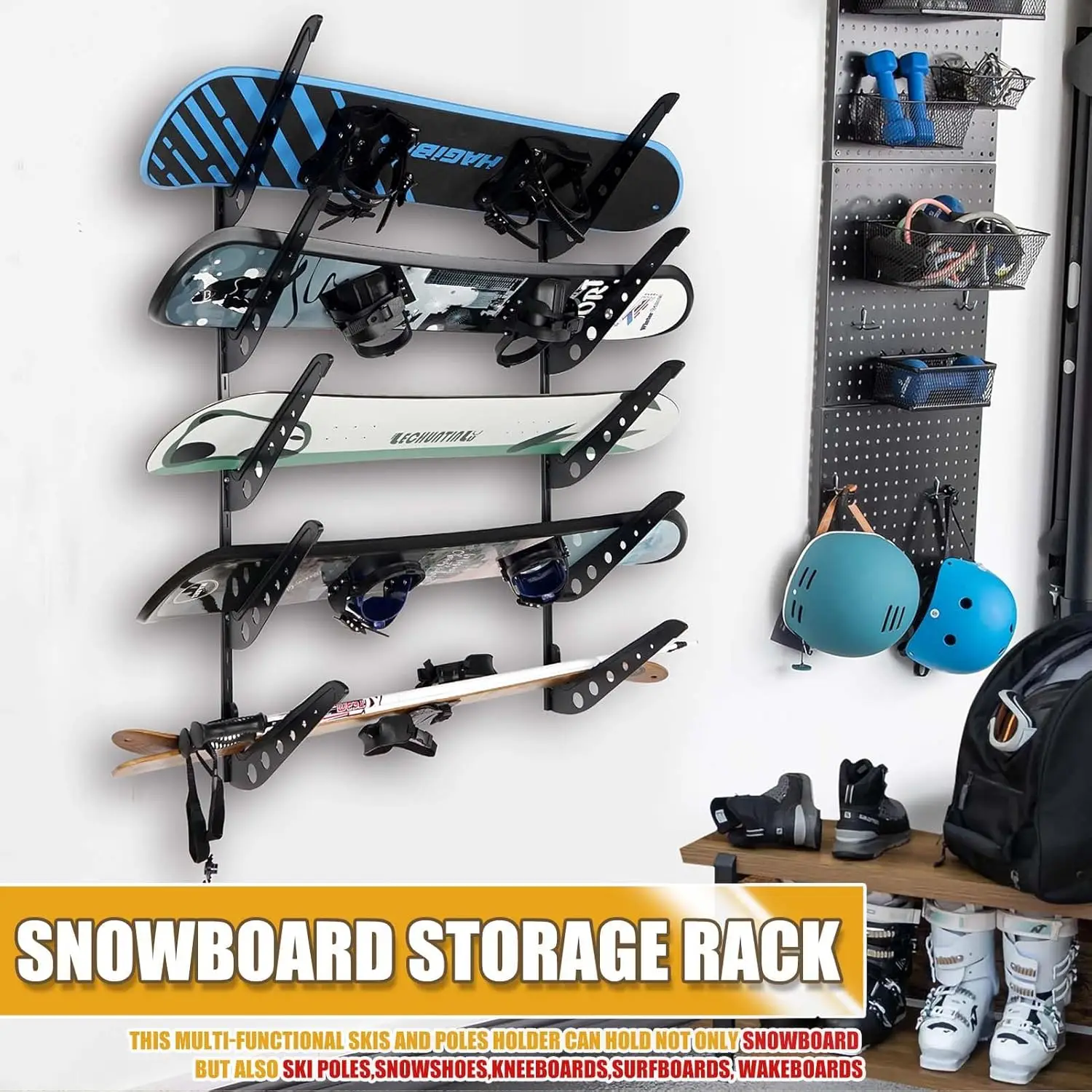 Adjustable Storage Rack for Ski Surfboard Wakeboard Snowboard-Black Wall Mount Display 5 Board Capacity