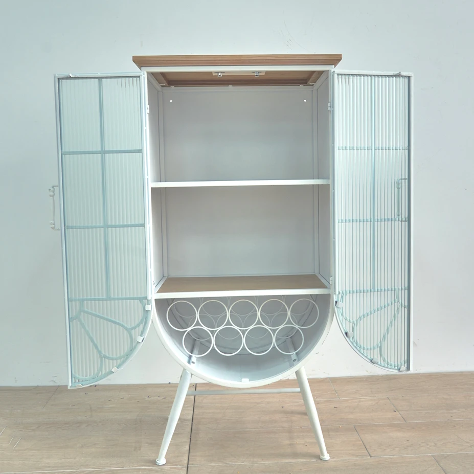INNOVA New arrivals france rustic large arched white glass door wood top iron metal storage cabinet with legs