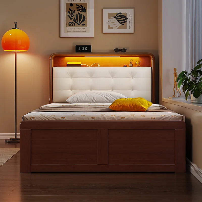 Modern Scandinavian Minimalist Style Double Bed Frame Fabric Headboard Fashionable Solid Wood Wall Bed Trundle Bedroom Furniture