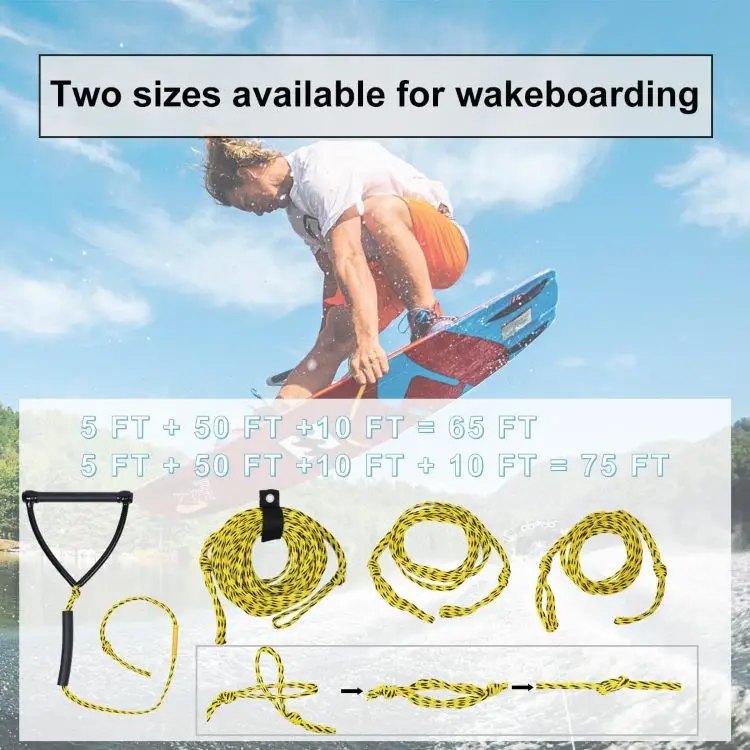 Wakeboard Rope Water ski Rope 24 ft with 12 inch EVA Handle & Float & Rope Keeper Heavy Duty Low Stretch 2 Sections Water Sports