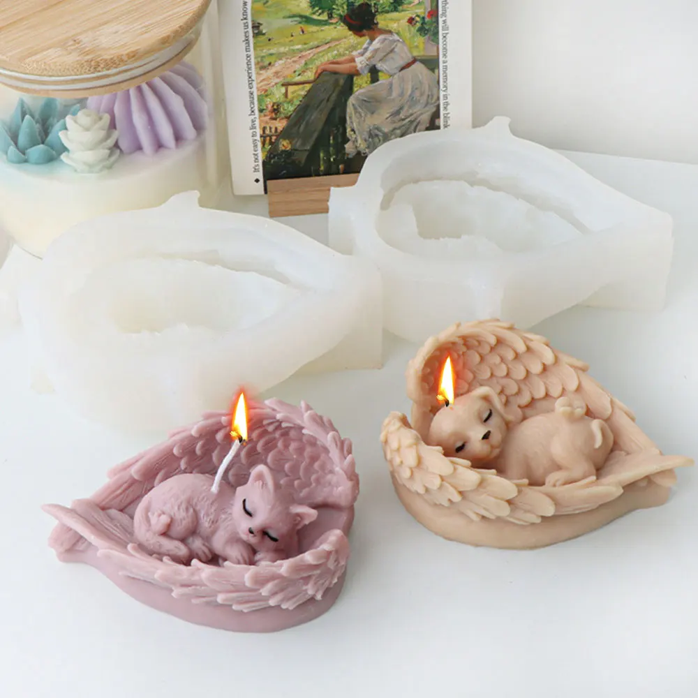 DIY Wholesale 3D Angel Dog Animal Candle Moulds Sleep Puppy moldes de silicona para velas Wings Kitten PlasterCat Candle Molds