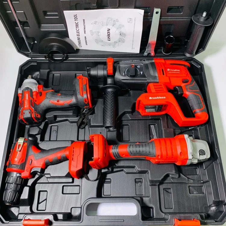 4pcs in 1 Cordless Power Drills Wrench Angle Hammer Drill Tool Set