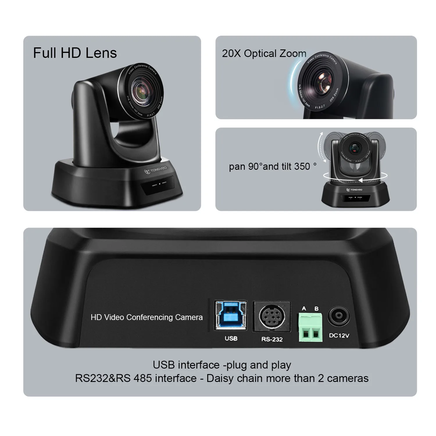 Easy Setup 20x Zoom 1080P 60FPS USB3.0 Online Meeting Video Conference PTZ Camera