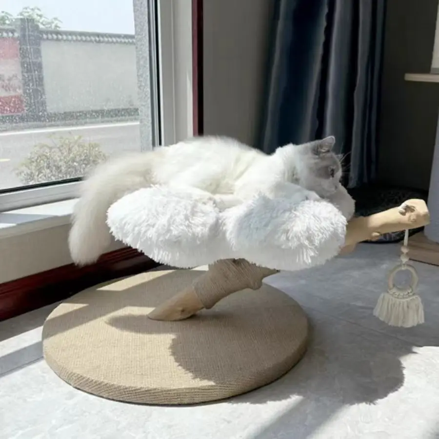 Luxury Wood White Large Cat Condo Tree With Flower Sleeping Bed Sisal Posts Perches Real Wood Branch