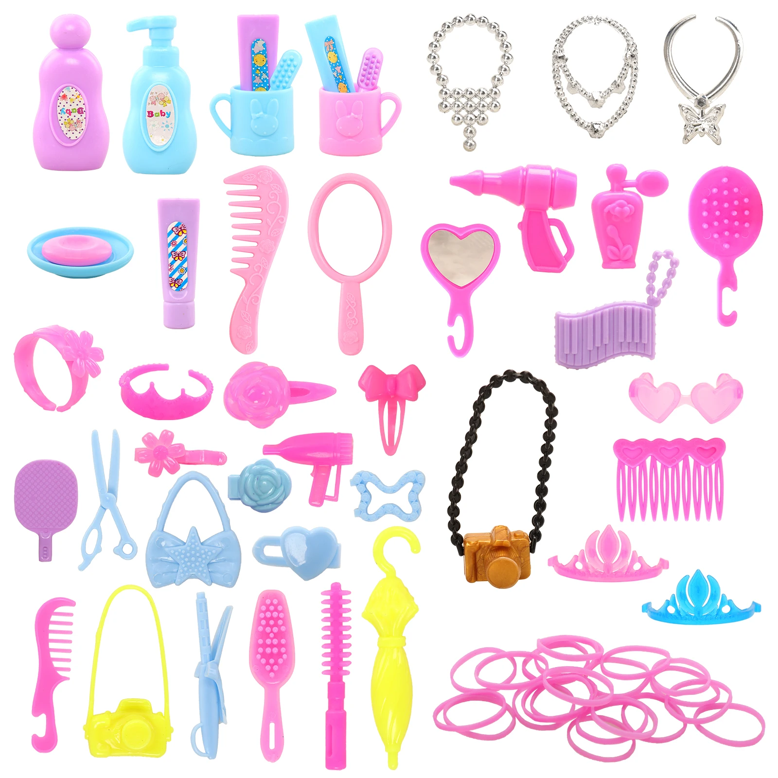Barwa 63 Pieces Doll Accessories=12 Wash Accessories+13 Dress up Accessories+18 Dress up Accessories+20 Rubber Bands