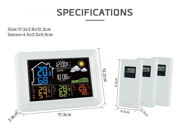 2024 EVERTOP  433MHZ RF WIRELESS COLORFUL WEATHER STATION CLOCK WITH 3 SENSORS, INDOOR AND OUTDOOR TEMP. AND HUMI.  ET820E-3