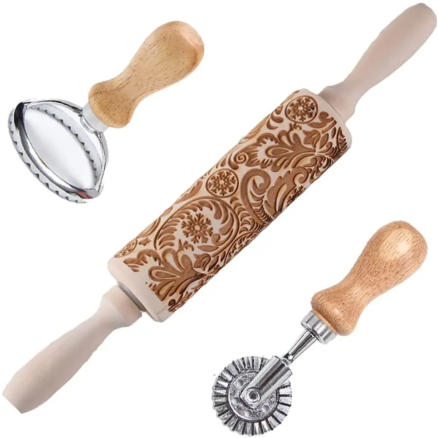 Solid wood printing pattern rolling pin biscuit stamp cookie cutter