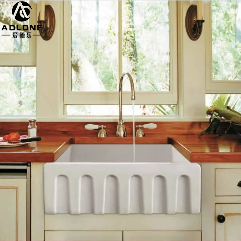 North America 3020f Wholesale Ceramic Deep Farmhouse Large Fluted Double Bowl Kitchen Sink