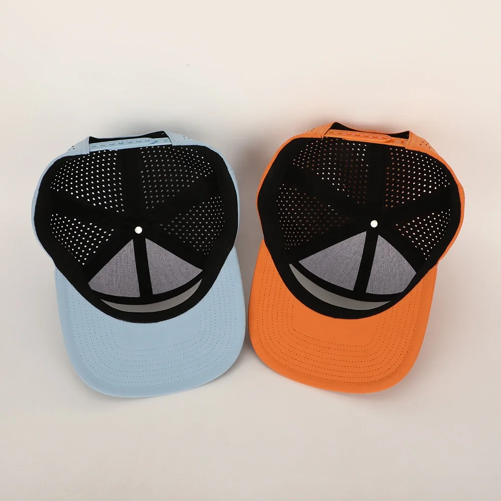 Wholesale High Quality Rubber Patch Logo 7 Panel Polyester Laser Cut Hole Hat Flat Brim Gorras Custom Waterproof Snapback Cap