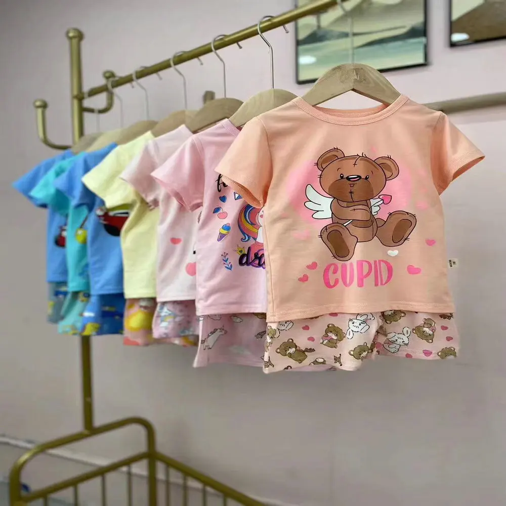 1.38 Dollars Model HMK019 Sets Size 55-65 Years Homewear Cotton Girls Clothes Baby Kids Clothing Sets With Prints