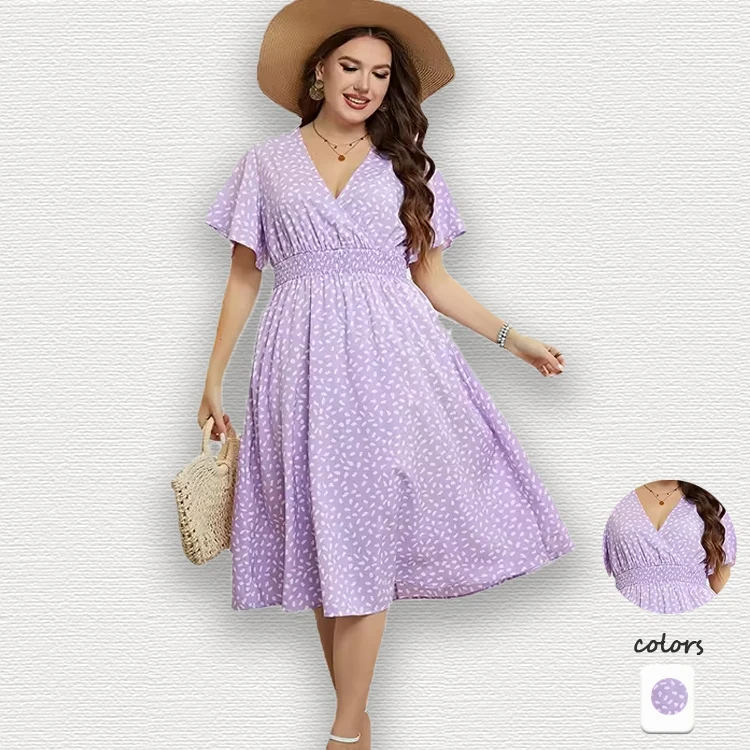 2024 Fashion Women Summer Casual Dress Short Sleeve Empire Dresses Elegant V-neck Floral Print Women Lady Plus Size Dress