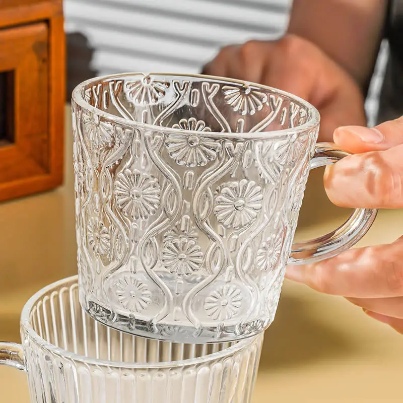 Haitang Flower Glass Ins Style Retro Coffee Cup Bead Stripe Breakfast Oatmeal Milk Cup