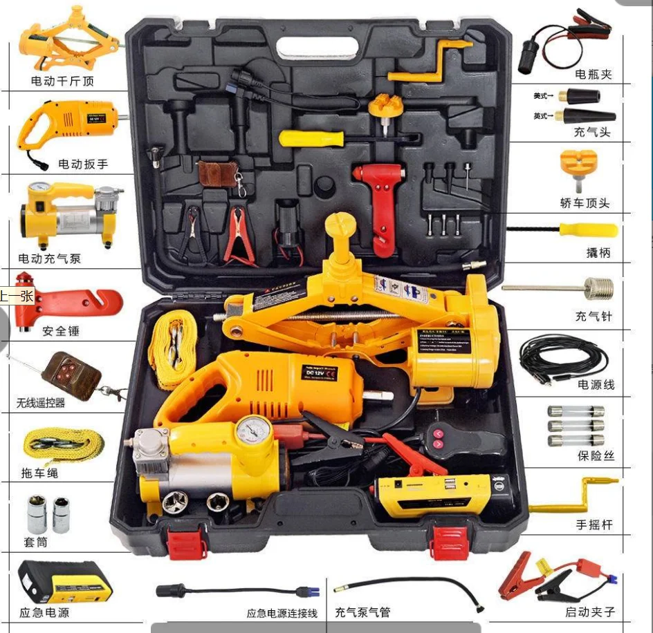HF3ST factory 6 in 1 electric car jack DC12V 3T jack compressor wrench power bank emergency tool kit motor lifting car jack
