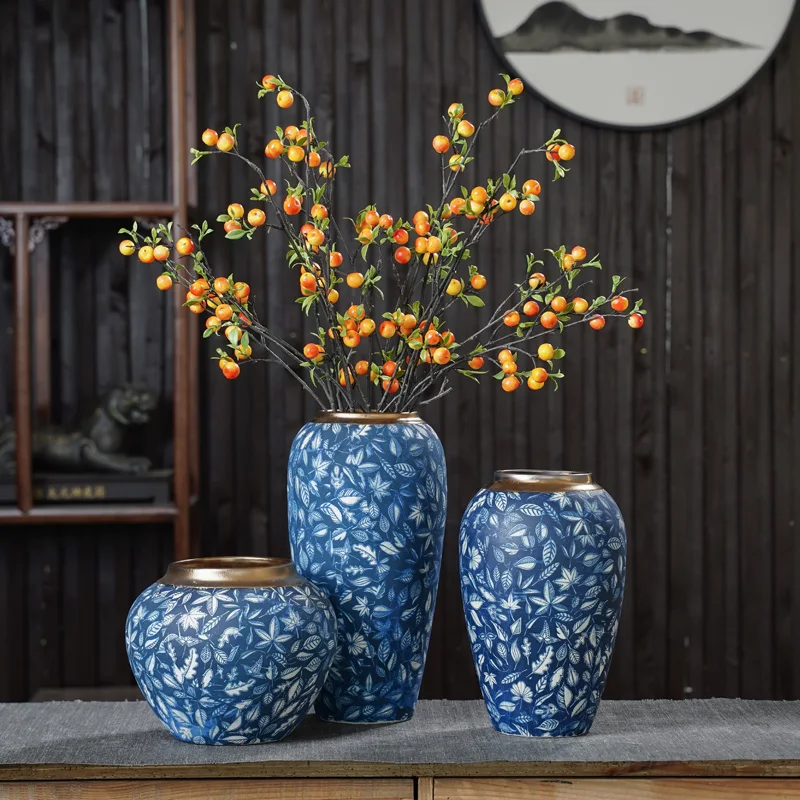 Blue and white ceramic vase set with gold desktop vase home decoration products manufacturer