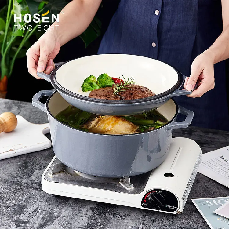 Roasting Dutch Oven With Lid Camping 2 In 1 Enameled Double Round Shape Skillet  Cooker Set Cookware Soup & Stock Pot Fry Pan