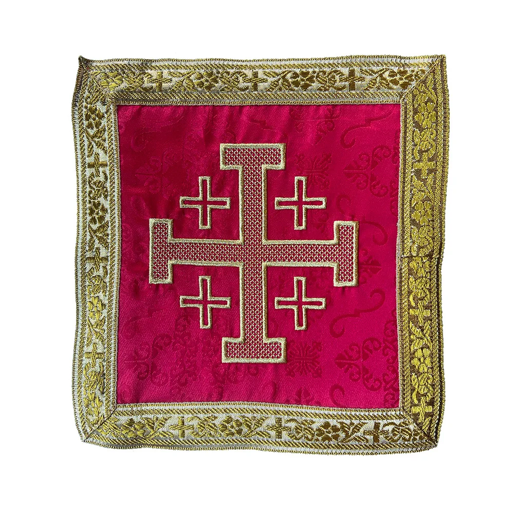 Red Chalice Pall Jerusalem Cross with galloon trim