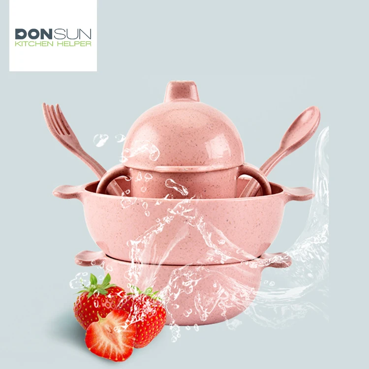 
Wholesale Eco Friendly 5PCS unbreakable Baby Tableware Wheat Straw Kids Dinnerware Set 