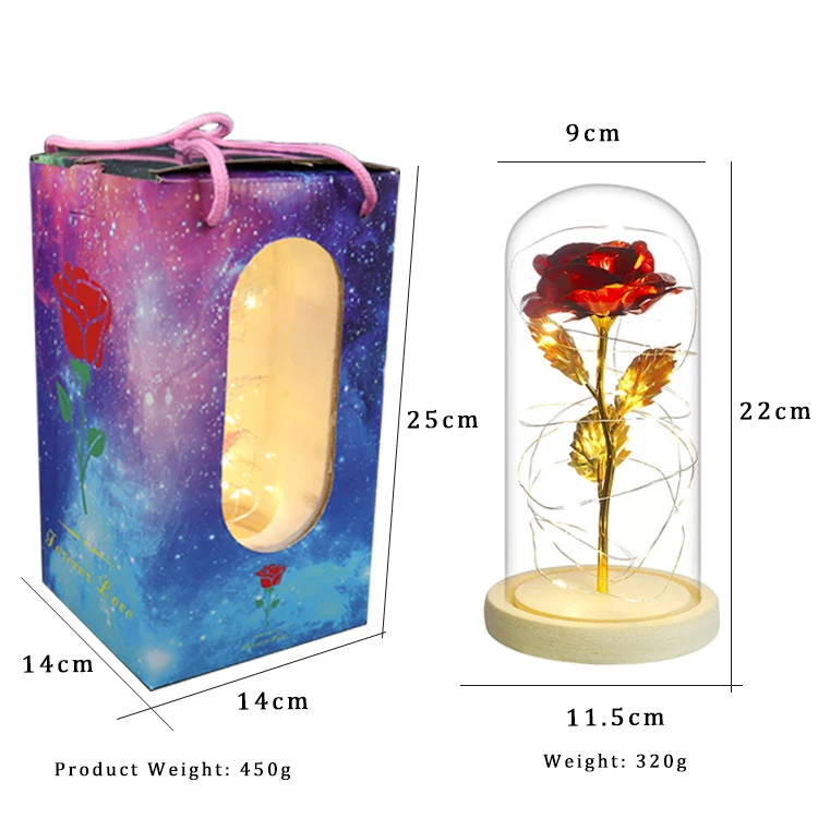 eternal artificial large galaxy beauty snd the beast light up foil golden forever rose preserved pink flowers in glass dome