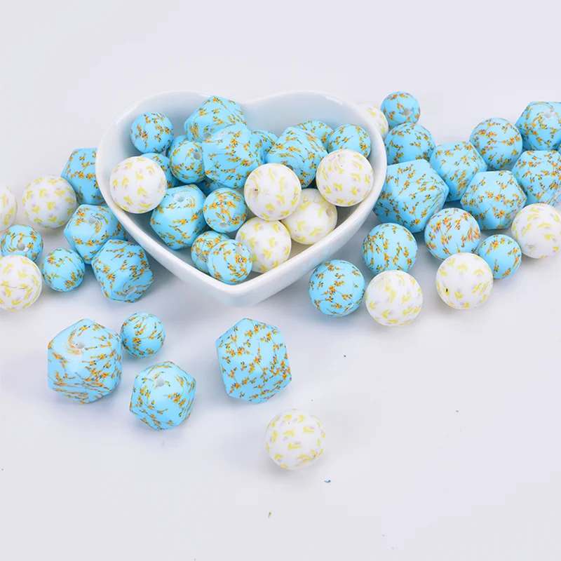 2024 New Design Irregularity Shape Bpa Free Silicone Beads 12mm 15mm 19mm Round Printed Silicone Beads For Pens Keychain Making