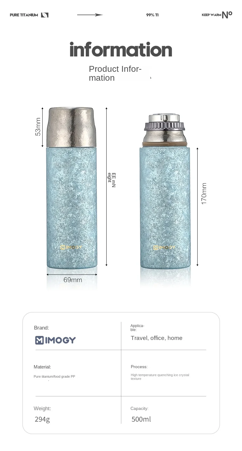 IMOGY Luxury Titanium Insulated Water Bottle Mechanical Thermometer Display Double-Layer Vacuum Antibacterial Tea Cup for Adults