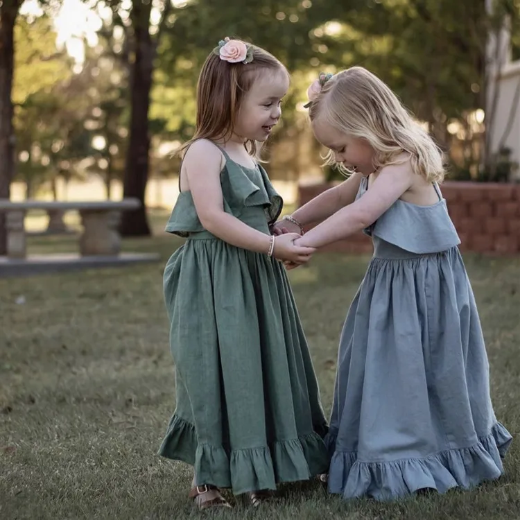 OEM Summer Linen Froks Girls Suspender Ruffle Baby Dresses Girl Kids Clothing Dress For Kids 12 Years Old