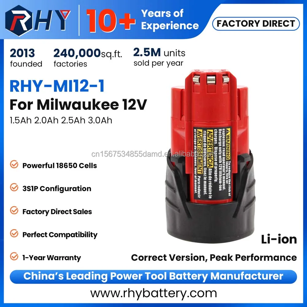 Hot Style RHY 12V 3Ah 1.5Ah  Lithium ion Battery 12V Milwaukees Battery Mi12 Impact Milwaukees 12V MI12 B3 B2